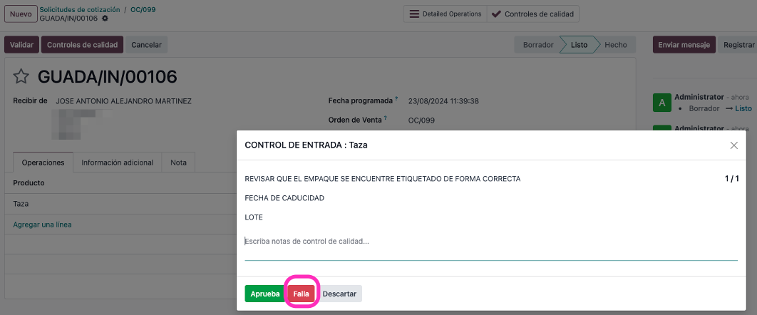 Mensaje de error mostrado al fallar el control de calidad