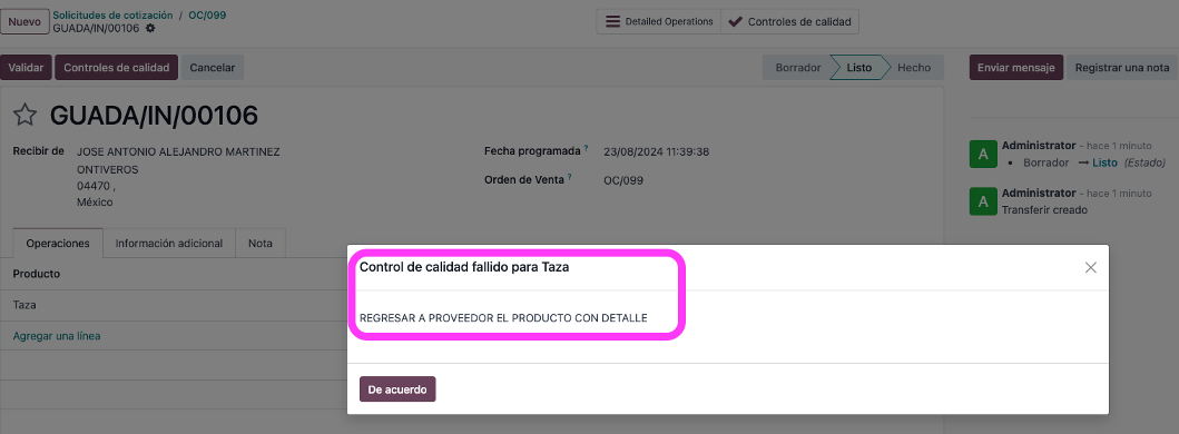 Recepción cancelada por falla en el control de calidad