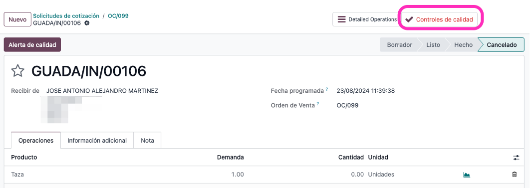 Botón indicando que el control de calidad falló