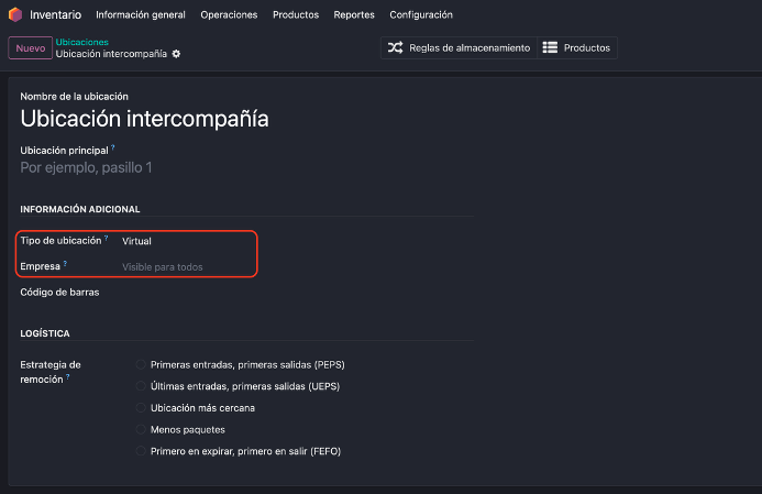 Crear ubicación virtual sin compañía asignada