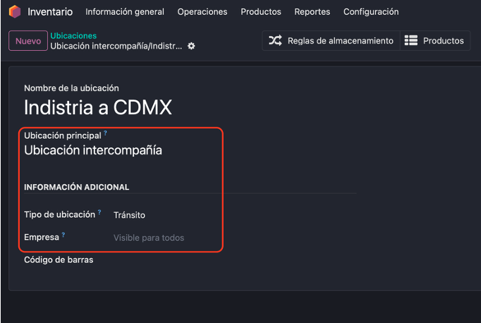 Ubicación de tránsito sin compañía con ubicación virtual como padre