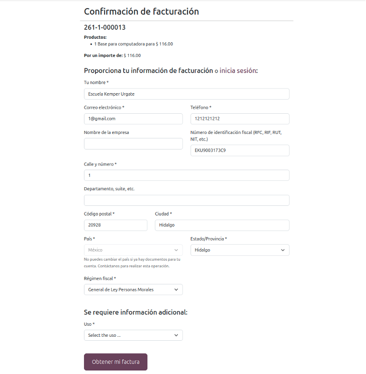 Formulario de datos fiscales para emitir el CFDI