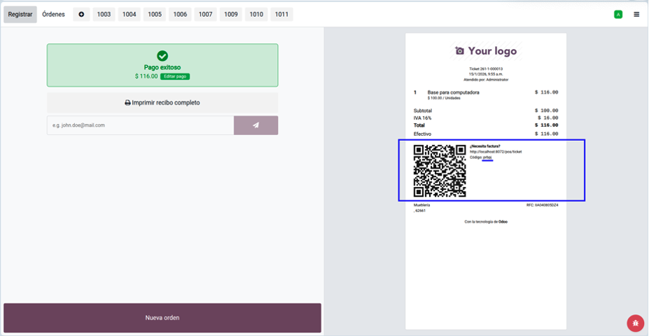 Ticket POS impreso con código QR de autofacturación