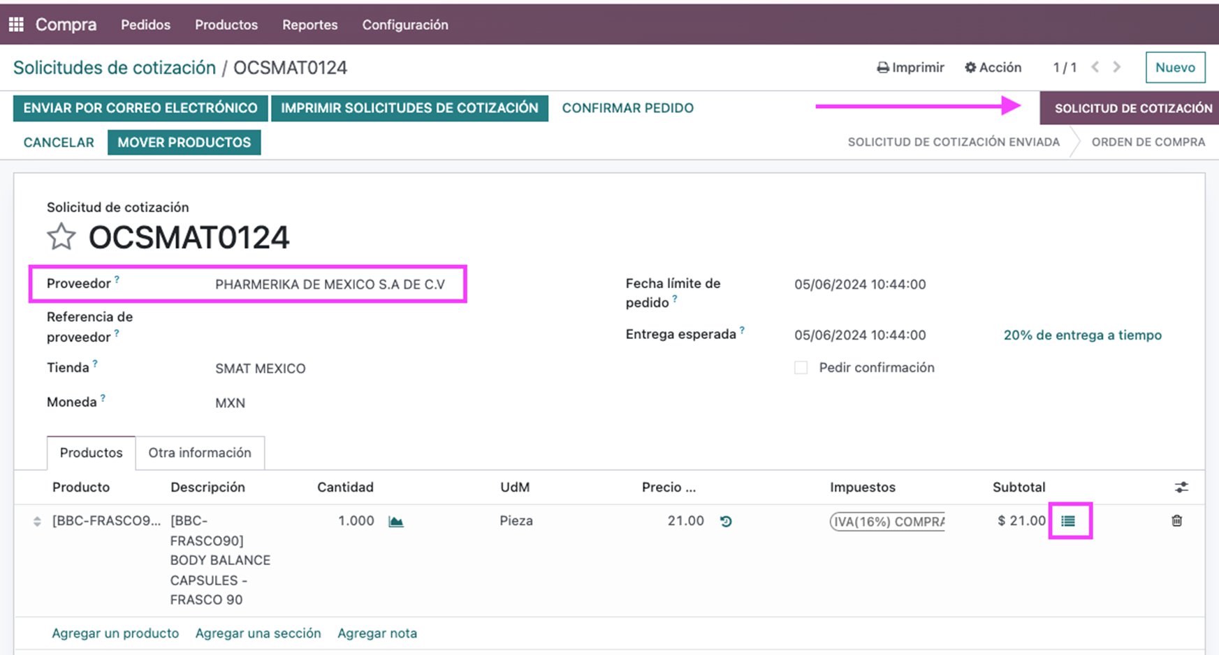 Listado de BOMs disponibles en la línea de compra