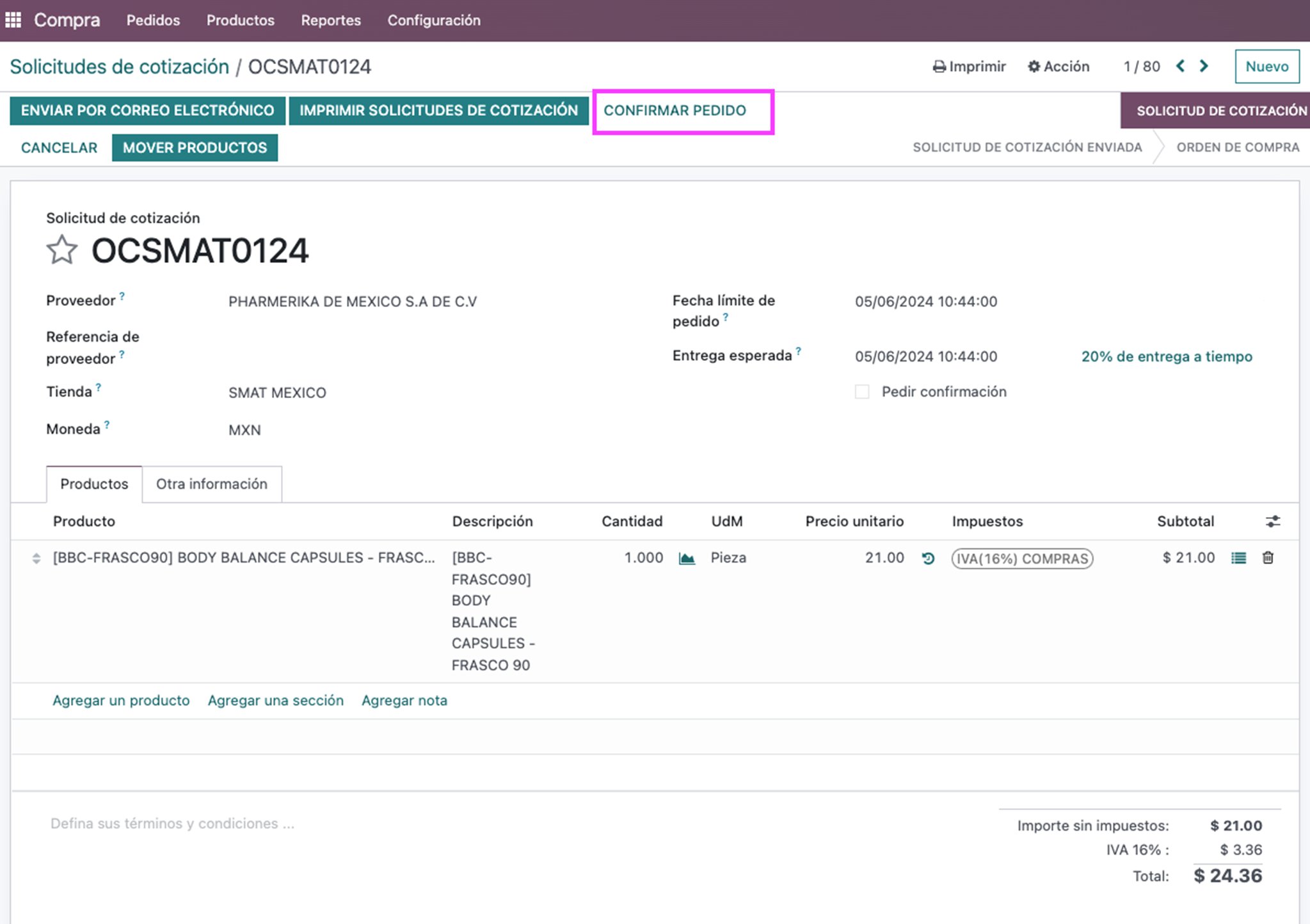 Orden de compra confirmada por subcontratación