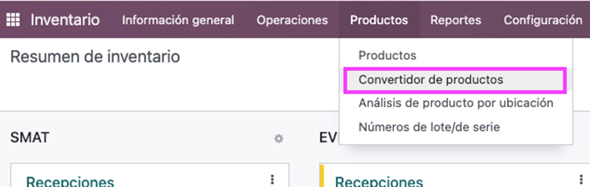 Menú de convertidor de productos