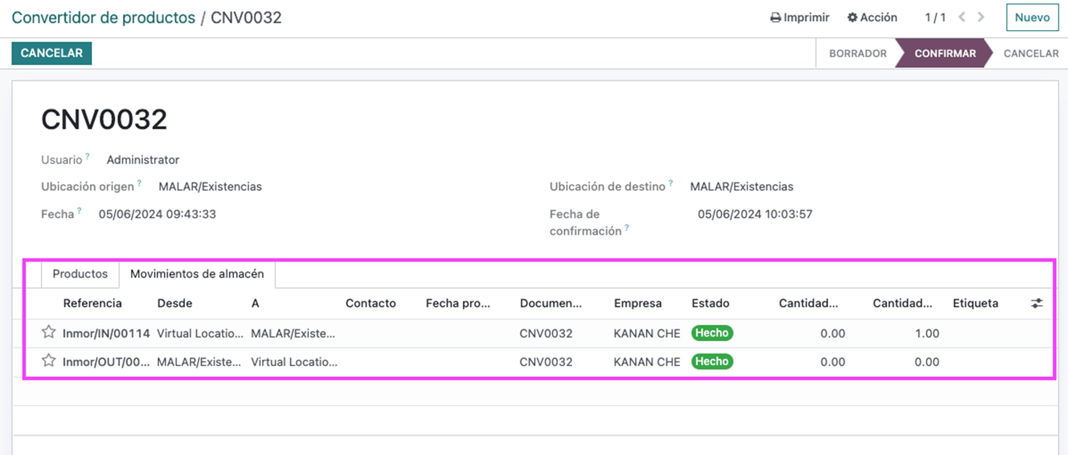 Conversión completa con todos los movimientos validados