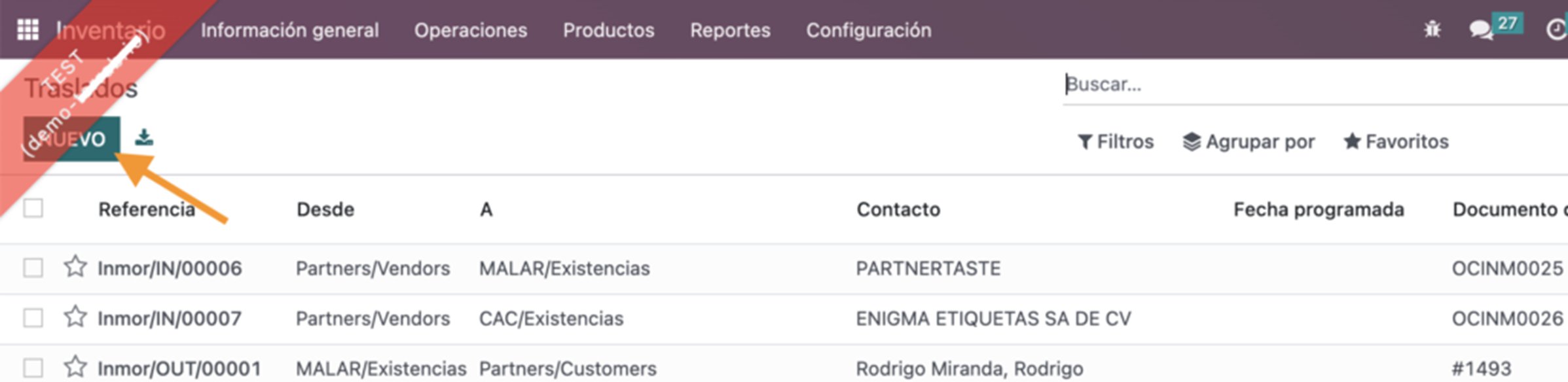 Lista de traslados con botón Nuevo