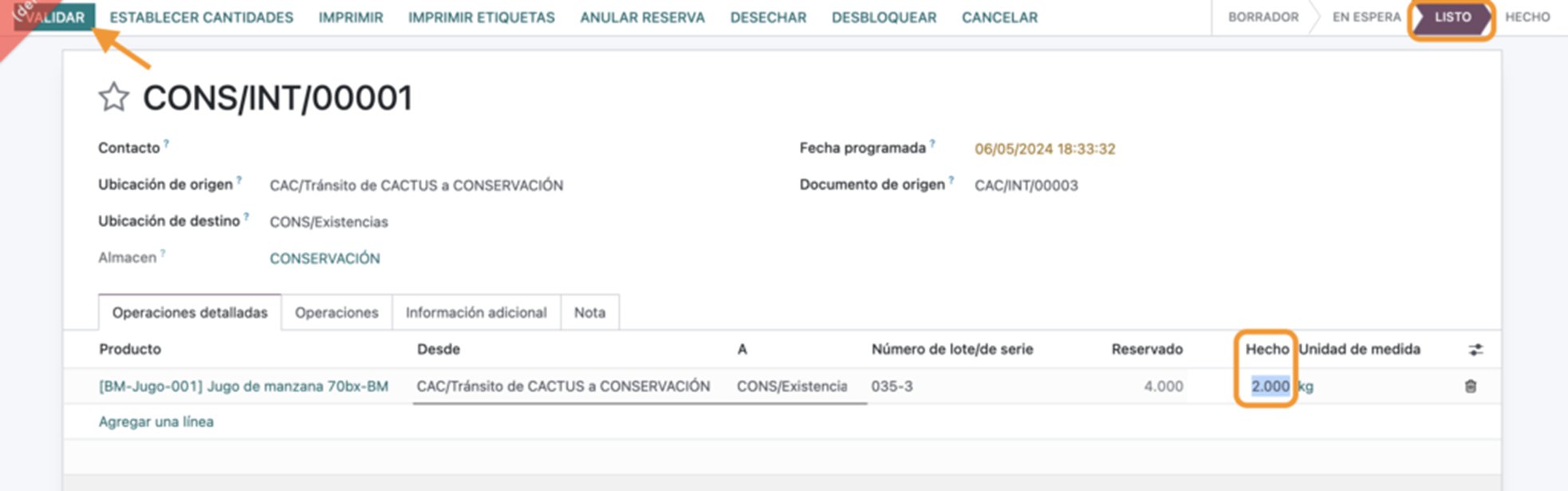 Edición de cantidad recibida en columna Hecho