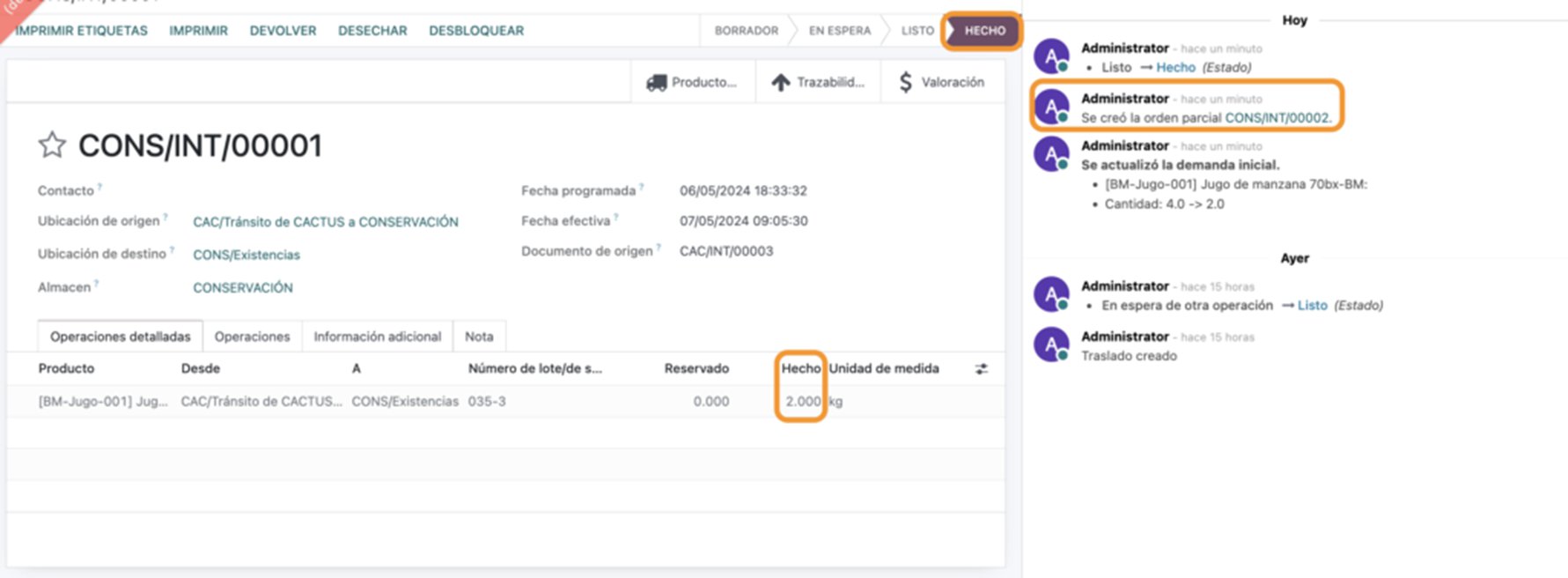 Estado final del traslado con productos cargados
