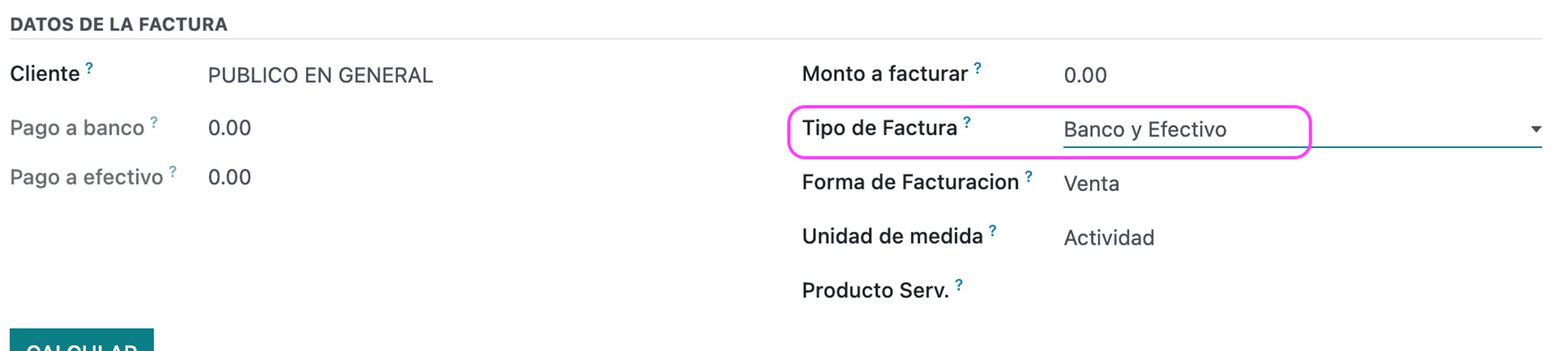Tipo de factura: efectivo, banco o ambos