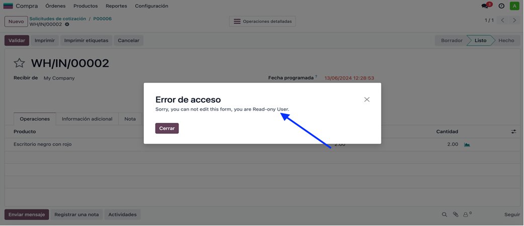 Mensaje de validación bloqueando la acción