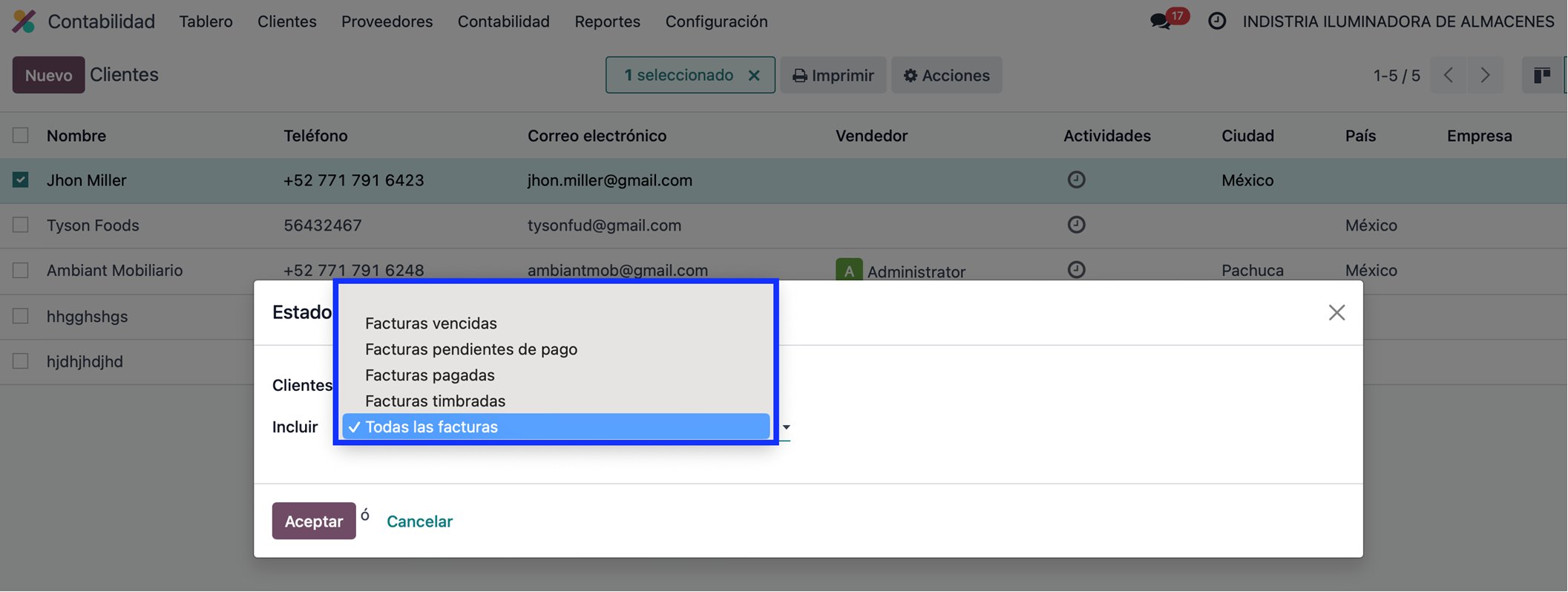 Asistente con tipos de reporte disponibles