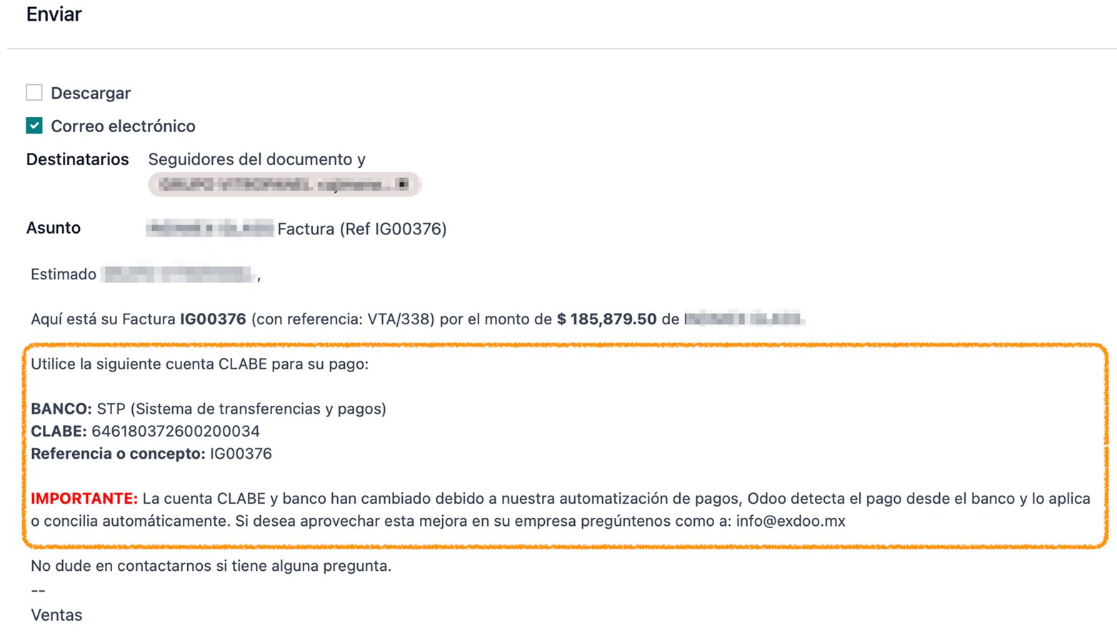 Factura por correo con CLABE adjunta