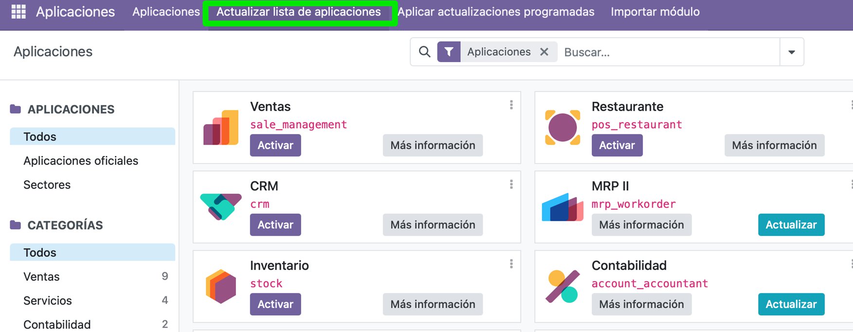 Actualizar lista de aplicaciones