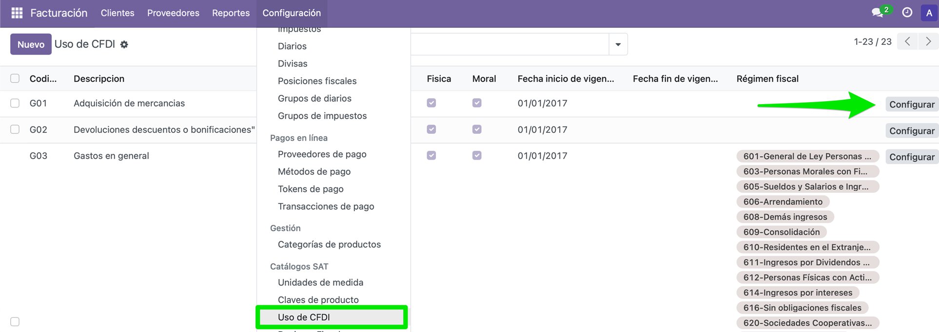 Configuración de usos CFDI por régimen