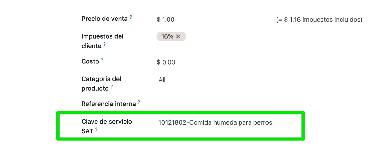 Clave de servicio SAT en el producto
