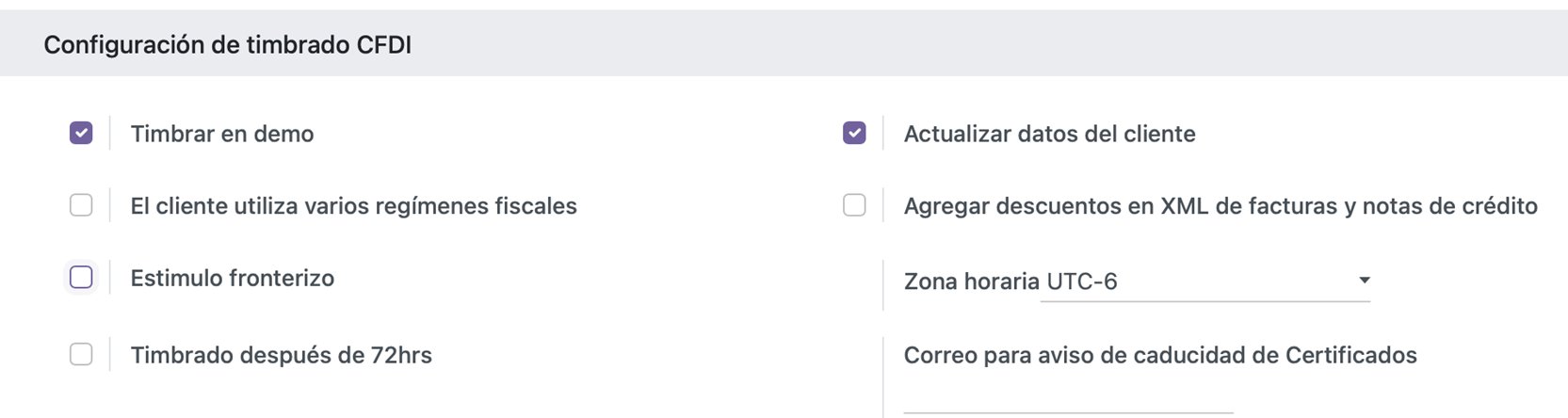 Vista del grupo de configuración CFDI
