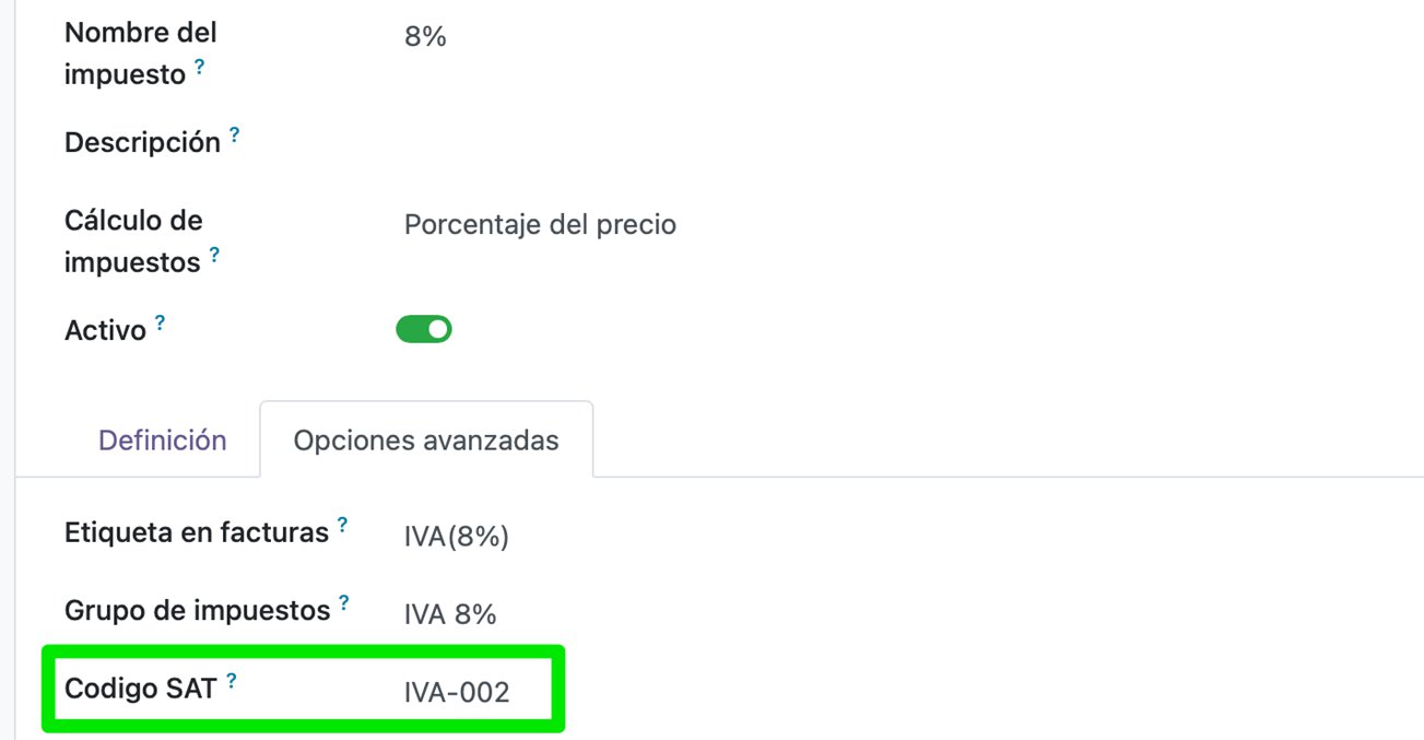 Código SAT en el impuesto del 8%