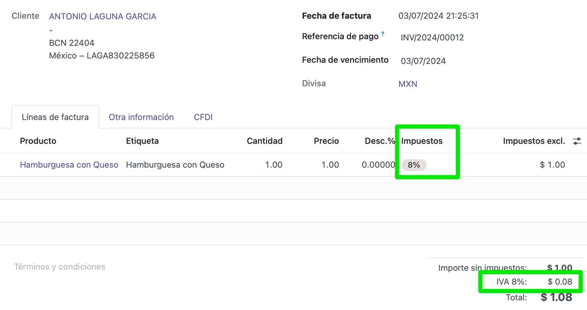 Factura timbrada con IVA del 8% aplicado