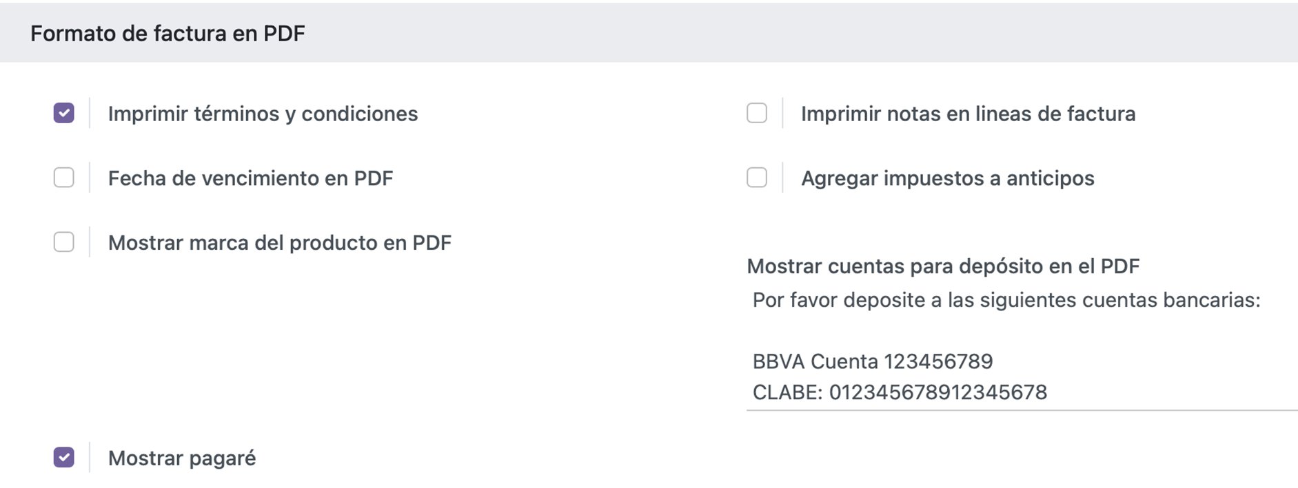Vista de configuraciones del PDF