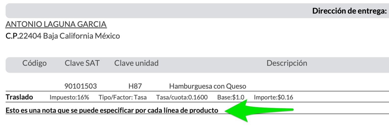 Notas por línea de producto en el PDF
