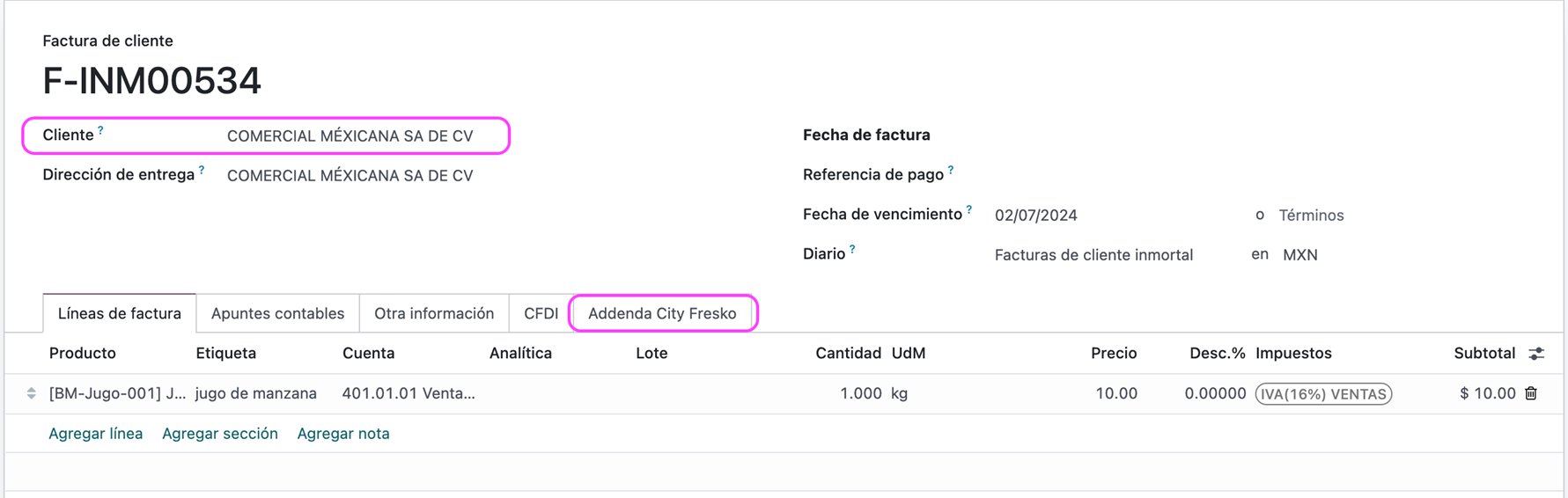 Menú de Addenda asociado al cliente