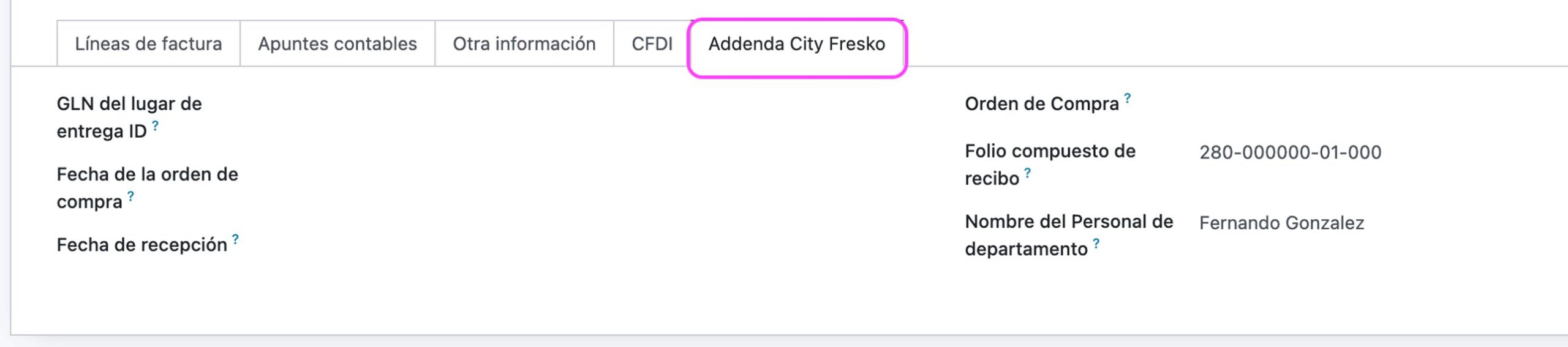 Campos de la addenda - GLN seleccionable