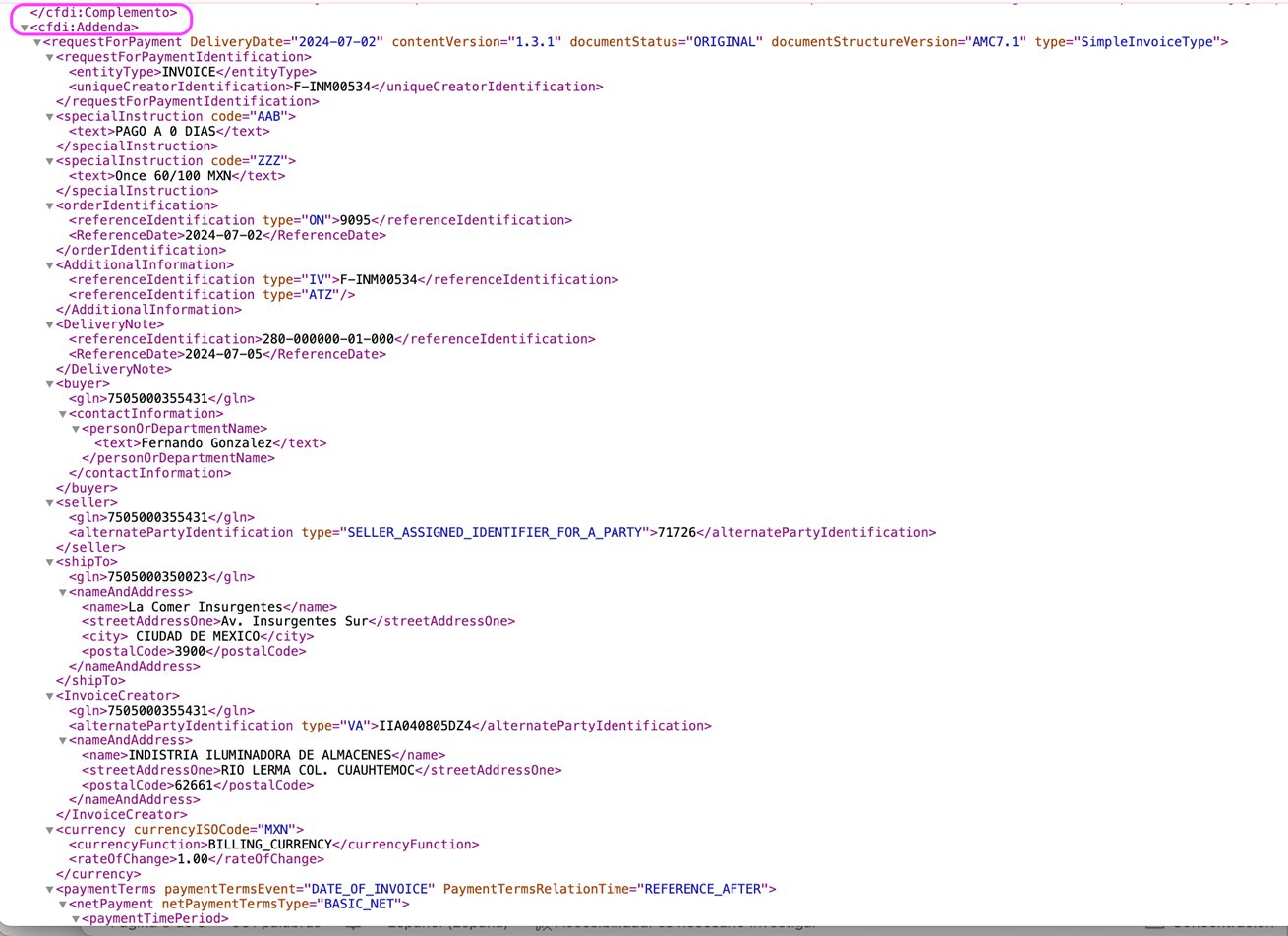 Detalle de la addenda en el XML