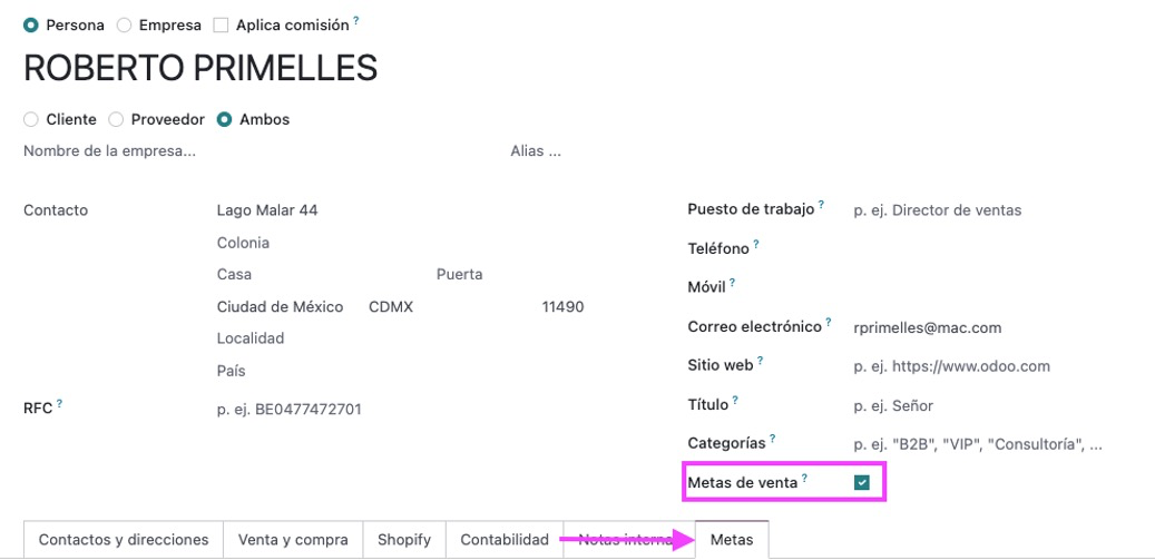 Check para incluir cliente en metas