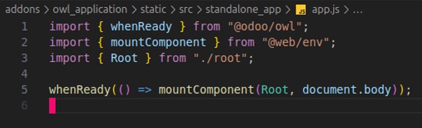 Archivo app.js que invoca el componente Root