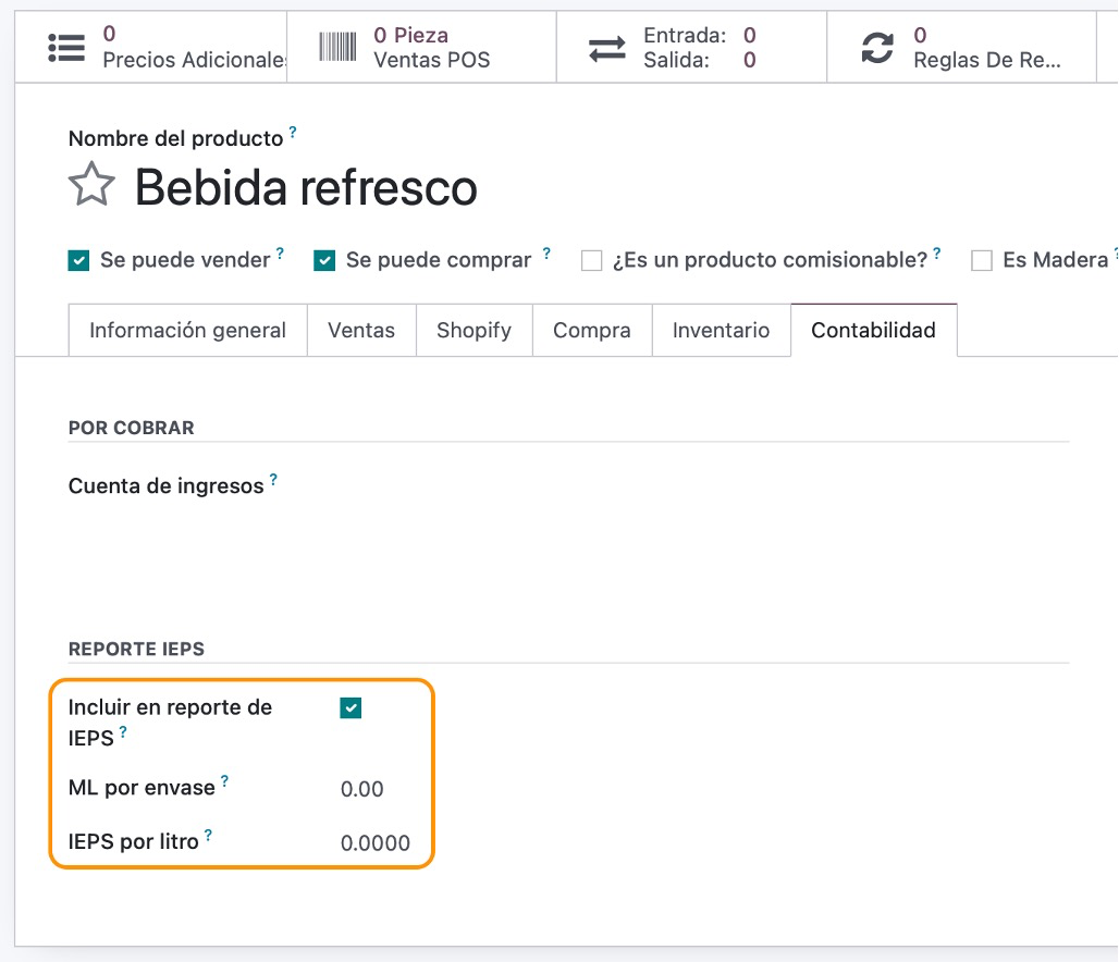Configuración de IEPS en la pestaña contabilidad del producto