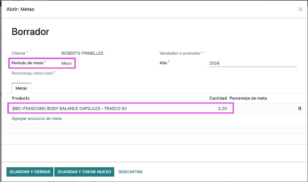 Configuración del periodo, producto y cantidad