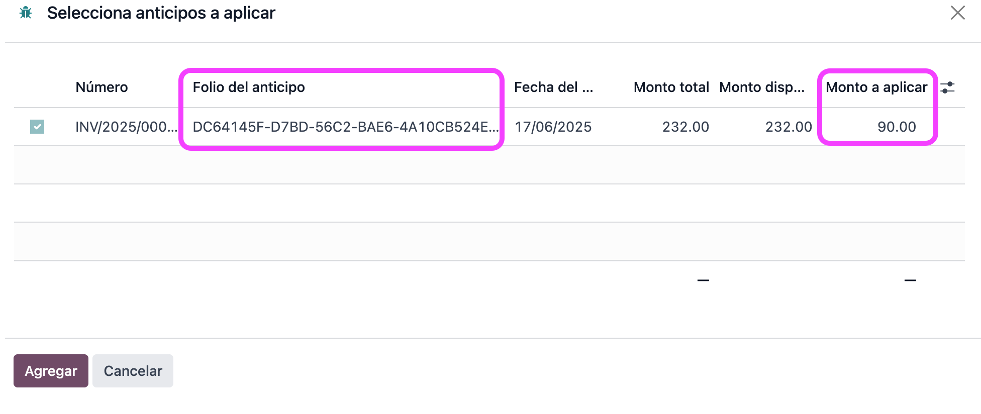 Selector de anticipos disponibles del cliente