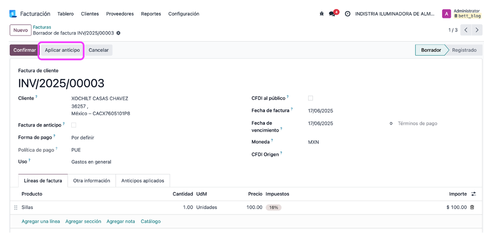 Factura del cliente sin timbrar lista para aplicar anticipo
