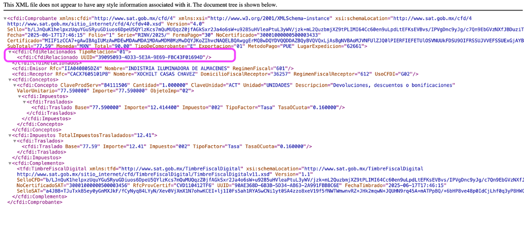 Detalle del XML con la relación correcta