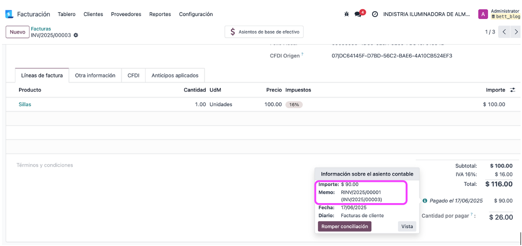Factura en estado Pagada con nota de crédito aplicada