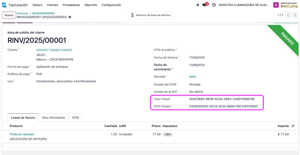 Nota de crédito generada con CFDI origen