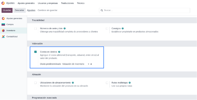 Activación de costos en destino y diario predeterminado