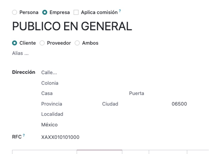 Datos del cliente PUBLICO EN GENERAL