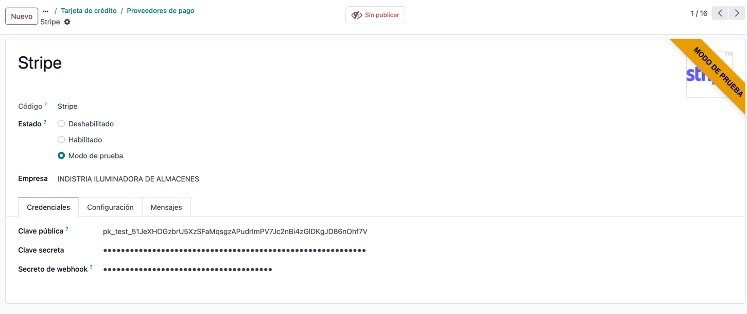 Credenciales públicas y secreta de Stripe