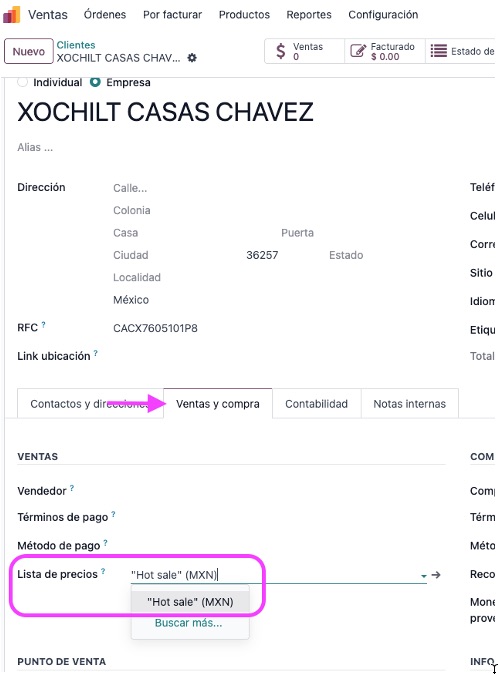 Asignar lista de precios al cliente