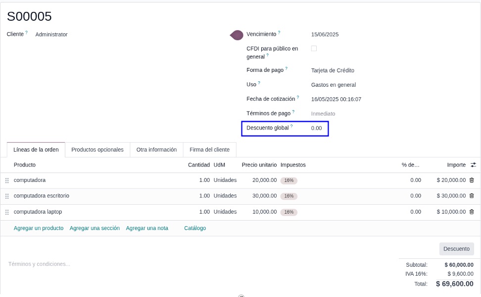 Campo de descuento global y código Python