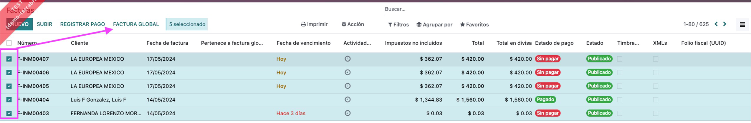 Selección de facturas para la global
