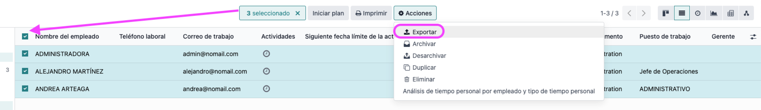 Acciones › Exportar en vista lista