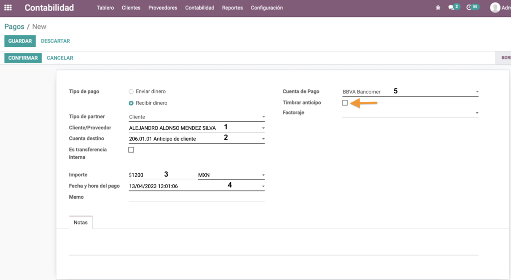 Formulario de pago con check Timbrar anticipo