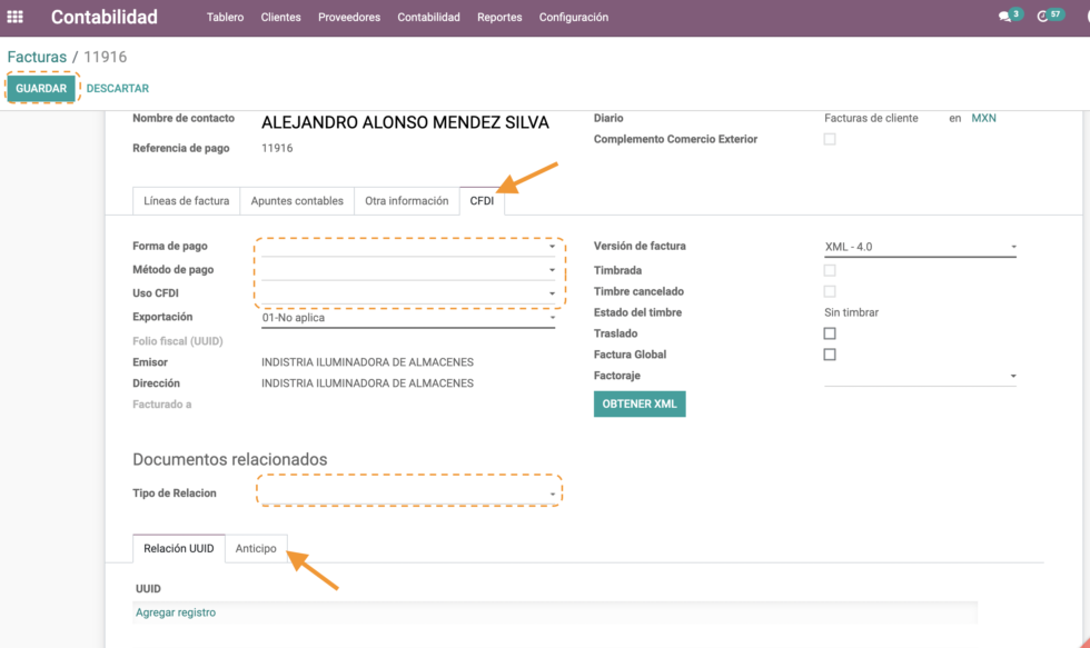 Pestaña CFDI con tipo de relación