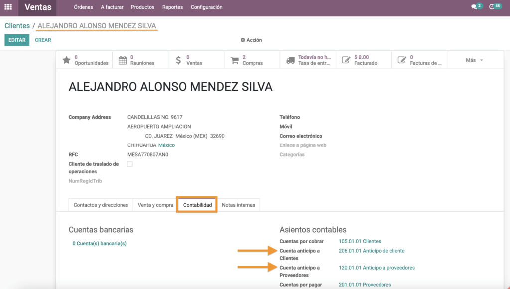 Configuración de cuentas en el contacto