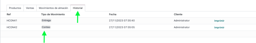 Historial de movimientos de la consigna