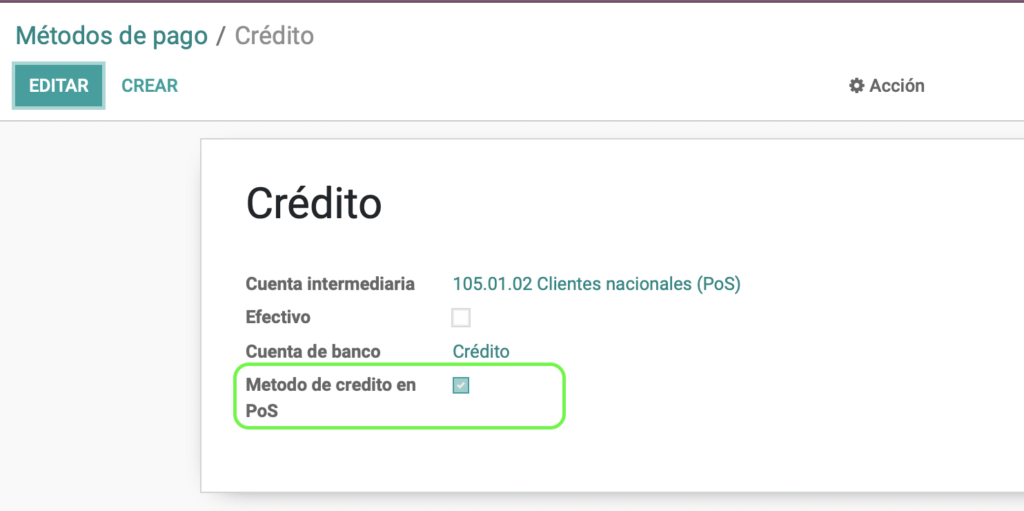 Configuración del método de pago crédito
